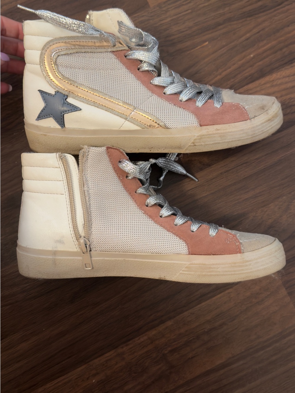 ShuShop Cream and Blush High-Top Sneakers with Silver Accents